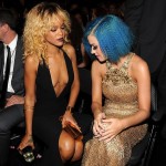 Nice Grammys! Katy Perry couldn’t resist gazing at pal Rihanna’s daringly cut dress at the 34th Annual Grammy Awards tonight