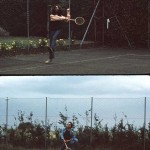 George Harrison playing tennis with Bob Dylan on the Isle of Wight in 1969.