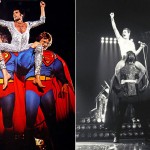 Freddie Mercury riding on the shoulders of Superman and Darth Vader.