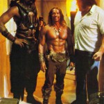 Wilt Chamberlain, Arnold Schwarzenegger and Andre the Giant on the on the set of Conan the Destroyer.