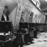 Soundproof listening booth at a London music store 1955