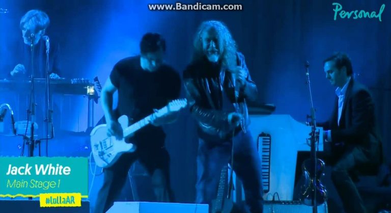 Jack White and Robert Plant on stage at Lollapalooza performing “The Lemon Song”