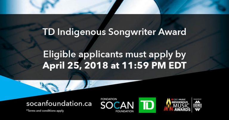 TD Indigenous Songwriter Award launched by SOCAN Foundation
