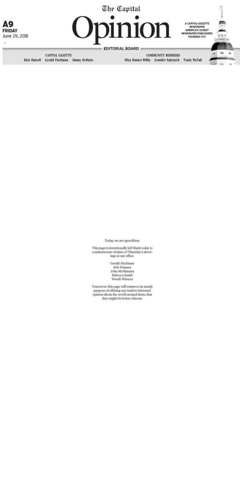 Capital Gazette’s opinion page is blank today: “We are speechless”
