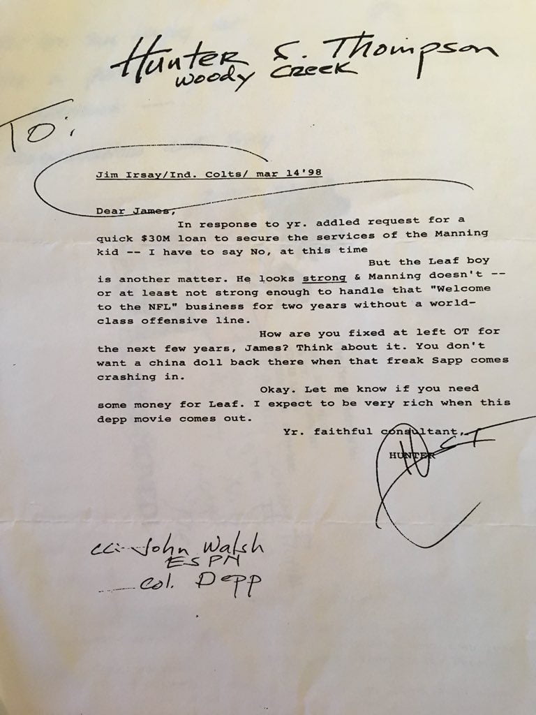 Hunter S. Thompson’s Letter To Indianapolis Colts Over Their 1998 Draft Pick