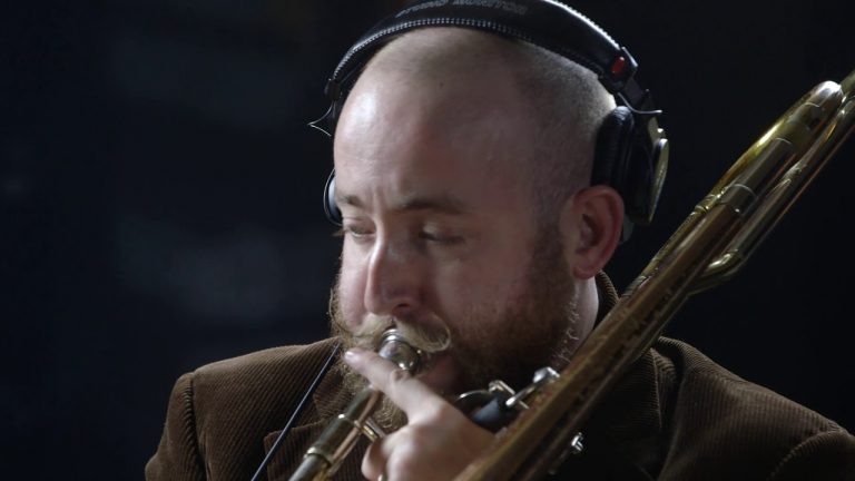 Trombonist with a loop pedal