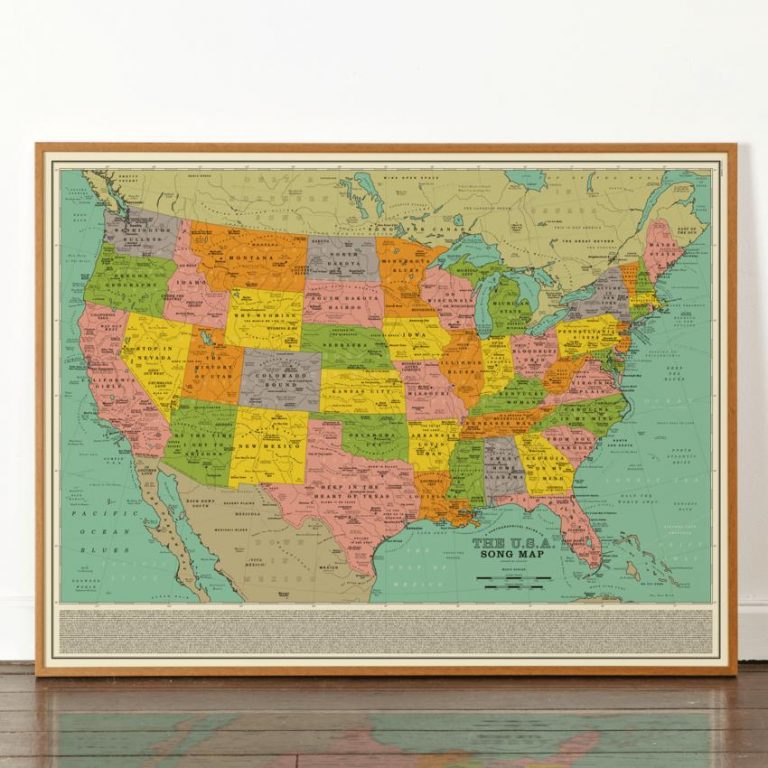 A map of the United States of America made up entirely from the titles of over 1,000 songs