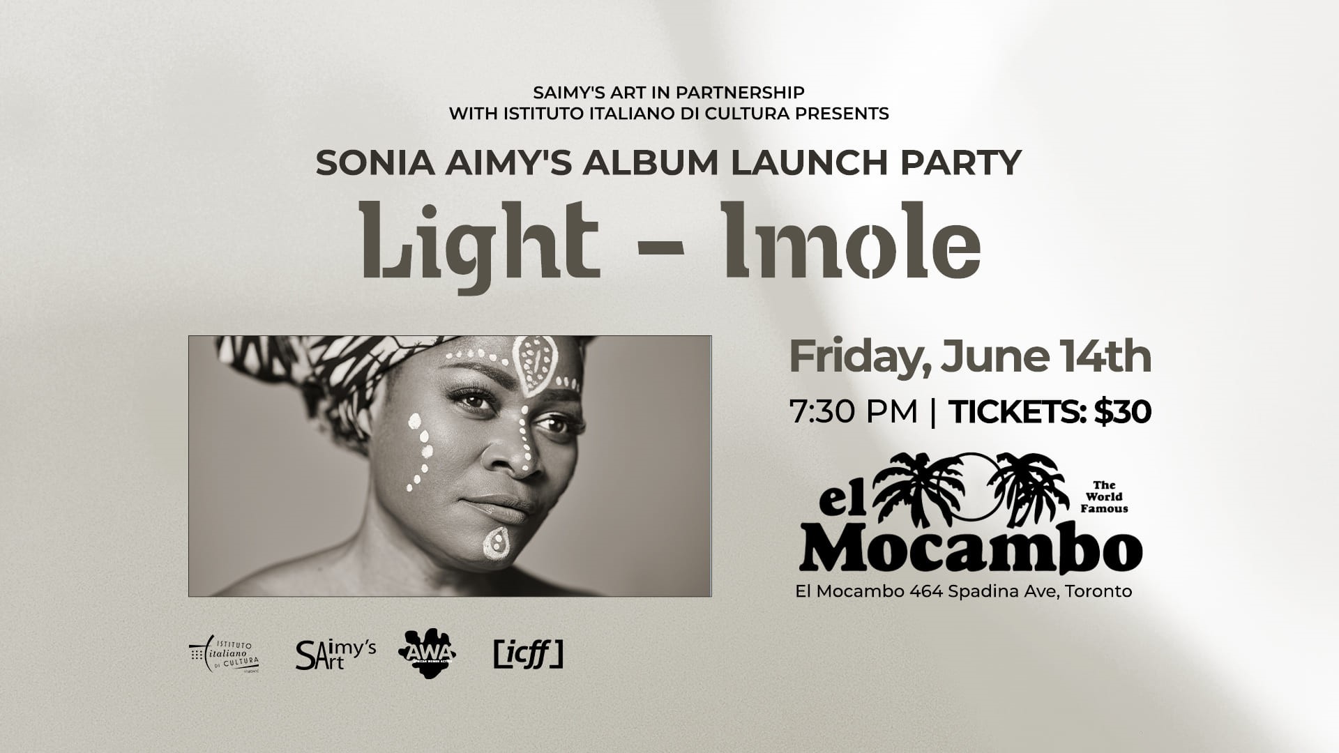 Sonia Aimee, cantautrice nigeriana di origini italiane e ora nata a Toronto, pubblicherà il nuovo album Light-Imole il 14 giugno all'El Mogambo di Toronto.