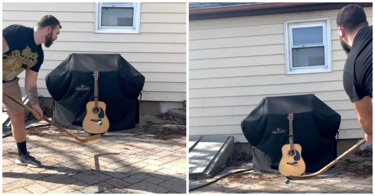 Musician Plays Black Sabbath, AC/DC and Deep Purple by Hitting a Ball Against His Guitar With a Hockey Stick